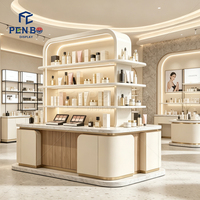 Comptoir de présentation cosmétique LED incurvé sur mesure, vitrine de maquillage de luxe, mobilier moderne pour boutique de beauté et soins de la peau