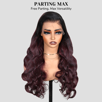 Perruques sans colle T1B/99J Ombre Body Wave en cheveux humains, perruque à dentelle frontale avec raie libre, coupe professionnelle en couches et couleur bordeaux vibrante