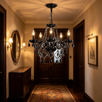 Lustre vintage noir en cristal avec bras ornés, lumière sombre glamour pour salle à manger, chambre à coucher, hall d'hôtel