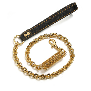 Pet Chain <b>Leash</b> Leather Padded Handle Buffer Gold Stainless Steel Cuban Link Training Heavy Duty <b>Dog</b> <b>Leash</b> - Product Image 3