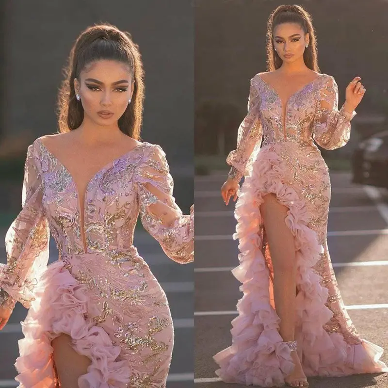 Sequins Pink Long Mesh Prom Evening Dresses Party Wedding Dress Hot Sale Deep V Neck Women Full Natural Polyester Ball Gown