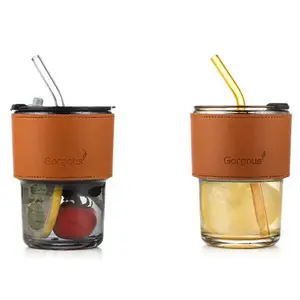 clear leather sleeve custom logo amber glass drinkware 450ml student office portable glass cup with straw