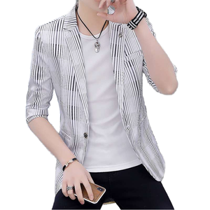 Traje de Negocios para Hombre, Moda Otoño, Blazer a Rayas, Cuello de Solapa Delgada, Pliegues Delanteros, Cierre de Botones, Antiarrugas, 100% Poliéster, Adulto - Product Image 1