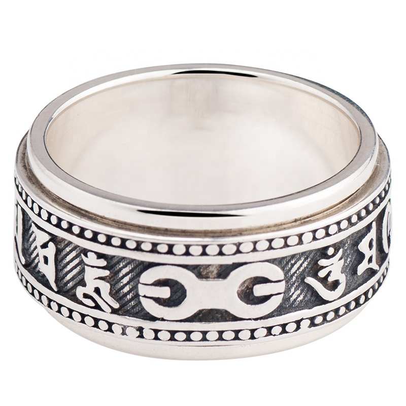 Anillos de Mantra de plata 925 para hombre, joyas de moda de budismo tibetano giratorio Om Mani Padme Hum