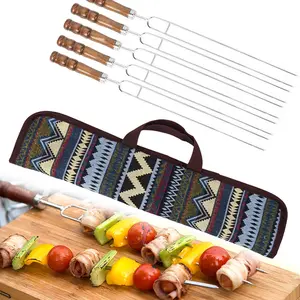 Tusuk Sate Panggang Barbeque Stainless Steel Garpu Bentuk U 5 Buah BBQ dengan Tas Jinjing untuk Peralatan Panggangan BBQ Luar Ruangan