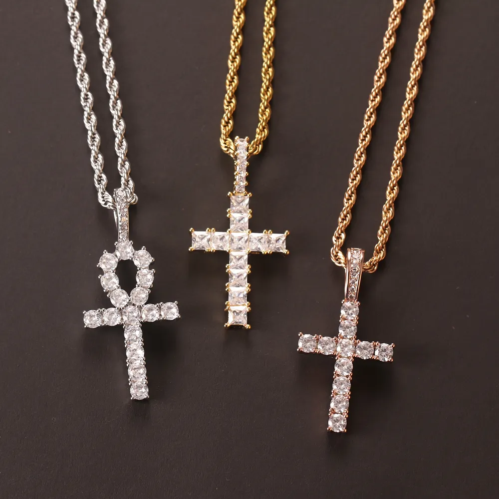 WHOLESALE New Iced out Zircon Baguette Cross Men's Hip hop Jewelry Gold Silver Color CZ Pendant Necklace Bling Charms