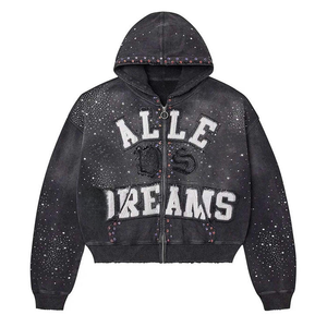 Sweat à capuche noir 100 % coton de haute qualité pour homme, à manches longues zippées, avec broderie et strass, poche kangourou, coupe ample vintage, style streetwear - Product Image 1