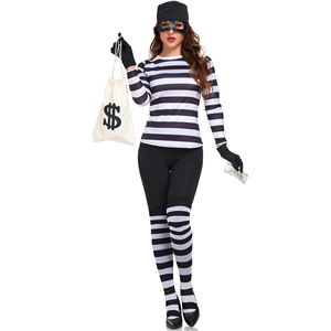 Maglietta a righe bianche e nere per ladro femminile Costume COS, ladro di Halloween Role Playing a maniche lunghe - Product Image 3