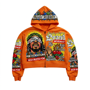 <b>Men's</b> <b>Orange</b> Zip-Up Hoodie Crop Fit Streetwear Printed Design Oversized Hooded <b>Sweatshirt</b> - Product Image 1
