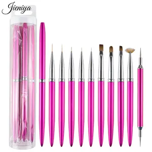 Jieniya Professional beauty nail salon tools pink Metal Handle Paint Brush Fine Nail Art Liner Brush dotting tool UV Gel Brush