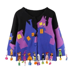 Cardigan en coton tricoté à la main pour Halloween, pour femme, manches longues bouffantes, col <span class=keywords><strong>marin</strong></span>, broderie de dessins animés, perles - Product Image 1