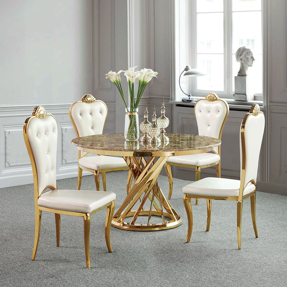 luxury morden italian round 4 seat marble dining table and chair set brushed gold stainless steel legs trestle base dinner table