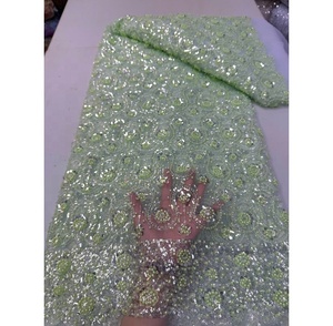 Tissu de mariage en dentelle française fait main, écologique, en polyester, avec des détails brodés de paillettes et de perles pour la cérémonie de mariage - Product Image 2