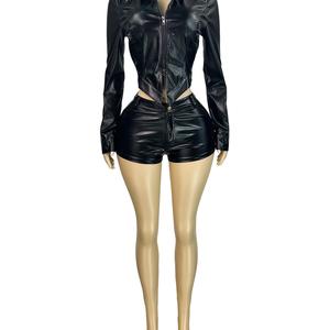 HR25102 Completo <span class=keywords><strong>Donna</strong></span> Invernale/Primaverile 2026 Nuovo in Ecopelle con Colletto alla Coreana, Giacca Biker con Zip Bidirezionale e <span class=keywords><strong>Pantaloncini</strong></span>, Completo Due Pezzi - Product Image 5