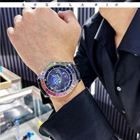Montre automatique pour homme avec cadran diamanté ciel étoilé, lumineuse, étanche, bracelet en cuir de vache