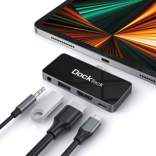 Dockteck 4-in-1 iPad Pro USB C Hub 4K 60Hz HDMI for iPad Pro M4 M2 M1 Air 6 5 3.5mm Audio 100W PD Charging Aluminum Dock