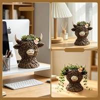 Figurine en résine tête de vache des Highlands mignonne, motif animal de dessin animé, pour décoration de table et rangement d'objets de petite taille