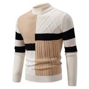 Vente en gros de tricots Offre Spéciale col montant bloc de couleurs rétro pull en tricot coupe ajustée chandails confortables anti-rides pour hommes - Product Image 2
