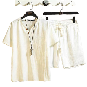 Conjunto Deportivo Informal de Dos Piezas para Hombre, Talla Grande, de Algodón y Lino, Transpirable, Camiseta con Cuello en V y Pantalones Cortos de Manga Corta para Verano - Product Image 1