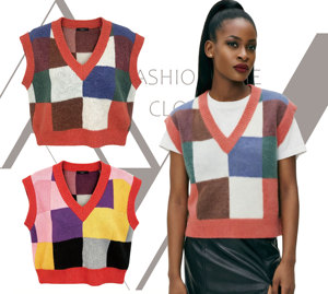 Ladies Checkered Knitted Vest Multi-color Plaid Sleeveless Sweater Color Block <strong>Jumper</strong> Vest Retro Preppy Layering Knitwear - Product Image 2