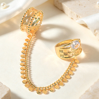 Bague double en laiton plaqué or avec chaîne connectée et pampille, anneaux à pièces pour femme, bijoux de luxe avec bande en zircon, bague à deux doigts reliés