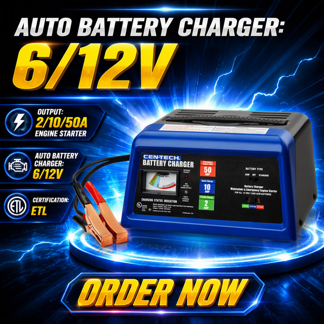 ETL Certified 6V 12V 2/10/50A Engine Starter Lead Acid Car Battery Charger 110V Input Plug Connection 1-Year Warranty