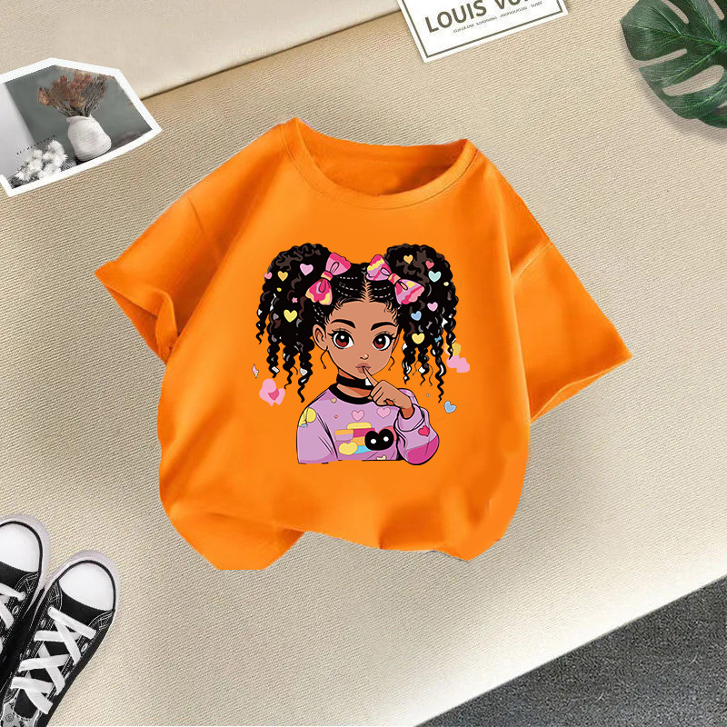 Orange curly haired girl short sleeves