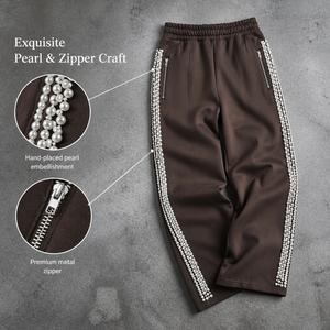 <b>Men's</b> Casual Pearl Embellished Wide Leg Heavyweight Elastic Waist 100% Cotton <b>Trousers</b> - Product Image 6