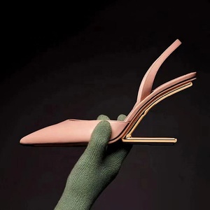 Metallic High Heeled Shoes Women Sexy V-Cut Party Slingback Fashion Genuine Leather Pointed Toe Pumps Black <b>Sandals</b> - Product Image 5