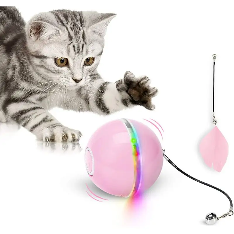 Best Selling USB Rechargeable Smart Cat Ball Toy Automatic Spinning Interactive Cat Toys Ball with LED Light Bell Feather