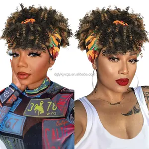 WF01 vendita calda da <span class=keywords><strong>donna</strong></span> <span class=keywords><strong>parrucca</strong></span> corta <span class=keywords><strong>Afro</strong></span> crespo <span class=keywords><strong>parrucca</strong></span> riccia alta sbuffa sintetico nero coulisse fascia parrucche - Product Image 2