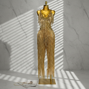 Combinaison pour femmes à franges de sequins perlés, sans manches, pantalon une pièce, idéale pour les tenues de chanteuses ou de danseuses. - Product Image 1