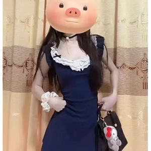 French Style Lace Patchwork Summer Dress Navy Blue Fitted Waist Flounce Collar Solid Color Daily Casual Dress - Product Image 1