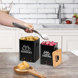 Trang Trại Phong Cách Màu Đen Kim Loại Nhà Bếp Canister Đặt Bằng Gỗ Có Nắp Đậy Bên Xử Lý Dual-Hàng Thực Phẩm Lưu Trữ <span class=keywords><strong>Container</strong></span> Cho Rau Lưu Trữ - Product Image 1