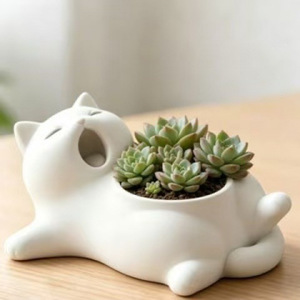 Yawn Cat Succulent Planter White Ceramic Desktop Ornament For Indoor Green Plants Modern Office Decoration - Product Image 1