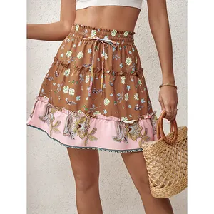 Lady Summer Beach Street Layered Pleated Sexy Short Skirt Floral Print Ruffle Hem Vacation Tied High Waist Mini Skirt