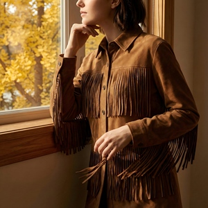 <strong>Women</strong> Vintage Brown Faux Suede Fringe Jacket Western Cowgirl Style Long Sleeve Button Down Tassel Shacket Coat - Product Image 4