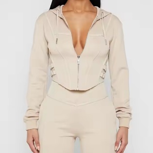 ชุดเซ็ตเสื้อฮู้ดดี้และกางเกงวอร์มคุณภาพสูงสำหรับผู้หญิง พร้อมโลโก้แบบ OEM สั่งทำได้ เสื้อฮู้ดดี้รัดรูปสีพื้น ผ้าฝ้าย 100% ชุดวอร์มสำหรับผู้หญิง - Product Image 6