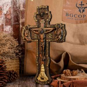 Cruz de Pared de la Sagrada Familia Ortodoxa, Cruz de Jesús Tallada a Mano con Iconos de María y Juan, Decoración de Iglesia en Madera Tono Dorado - Product Image 3