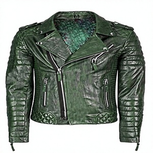 Veste de motard en cuir véritable vert de qualité supérieure pour homme avec col montant, fermeture éclair, coupe ajustée et poches fonctionnelles - Product Image 1