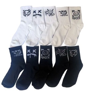 Cartoon Monster Print Crew <b>Socks</b> For Adults White And Black Cotton Casual Wear Spring Season Knitted Breathable Design - Product Image 2