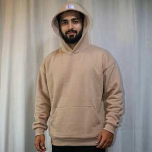 Men's Beige Hooded Half Zip <b>Velour</b> <b>Sweatshirt</b> 100% Cotton Oversized Fit Casual Color Blocking Pocket Design Plain Dyed Knitted - Product Image 1