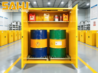 Armoire de sécurité pour liquides inflammables jaunes SAI-U SC2110Y, homologuée FM CE, avec roulettes pour fûts, pour laboratoire et industrie