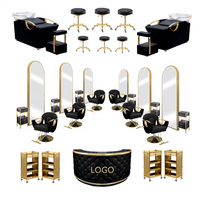 Ensemble de mobilier de salon de coiffure de luxe en cuir noir et or, fauteuil de barbier hydraulique, miroir à cadre doré LED, rotation à 360 degrés