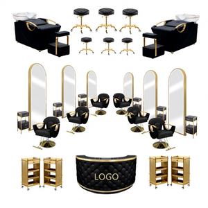 Luxury Black Gold Full Hair Salon Furniture Set Hydraulic Barber Chair LED Gold Frame <b>Mirror</b> Shampoo Bed For Hair Salon - Product Image 1