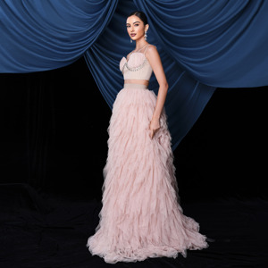 <span class=keywords><strong>Abito</strong></span> da Sera <span class=keywords><strong>Lungo</strong></span> da Ballo in <span class=keywords><strong>Organza</strong></span> di Lusso per Donna con Corpetto Crop Top e Schiena Scoperta - Product Image 4