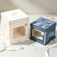 Boîte à gâteau portable en carton avec fenêtre transparente en PVC, motif floral bleu acier, logo personnalisé, poignée en carton avec pelliculage mat