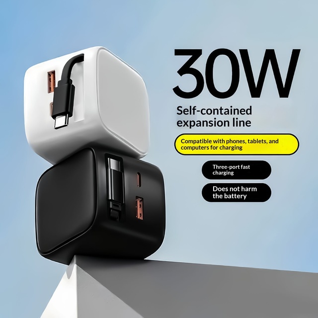 30W GaN Retractable Cable Charger with PD Fast Charging A+C Multi-Port for & for Phones