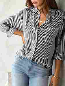 Blusa de Primavera/Verano con Cuello Polo, Estampado a Rayas, Manga Larga, Holgada, Informal, a la Moda, Combinable con Todo, Estilo Vintage y Elegante para Mujer - Product Image 3