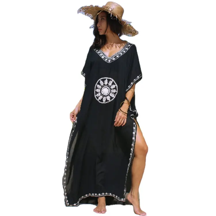 Black beach cover up gaun maxi wanita katun bordir kaftan untuk liburan dubai